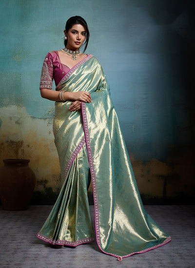 Sea Green and Pink Embroidery Tissue Silk Saree