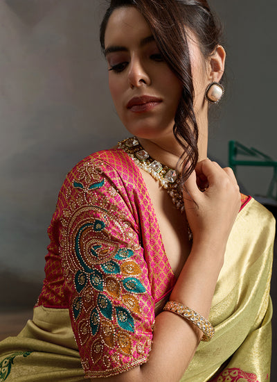 Lime Green Handloom Banarasi Silk Saree