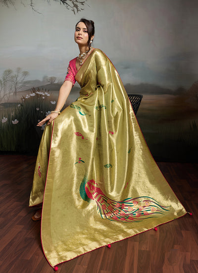 Lime Green Handloom Banarasi Silk Saree