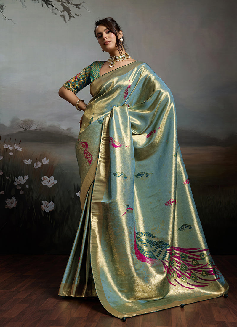 Teal Blue Handloom Banarasi Silk Saree