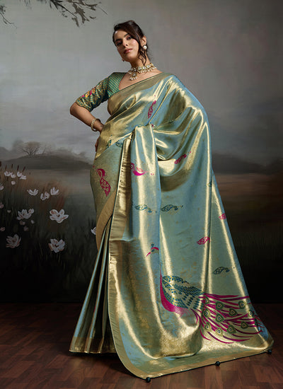 Teal Blue Handloom Banarasi Silk Saree