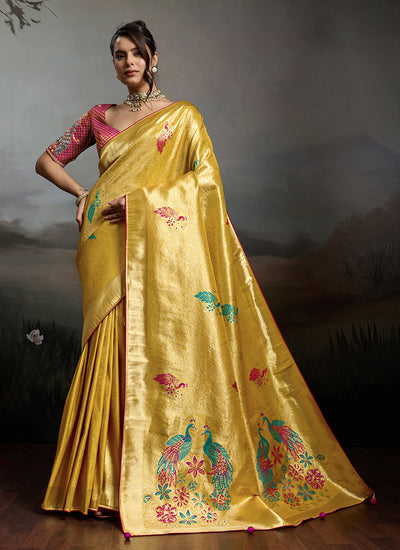 Yellow Handloom Banarasi Silk Saree