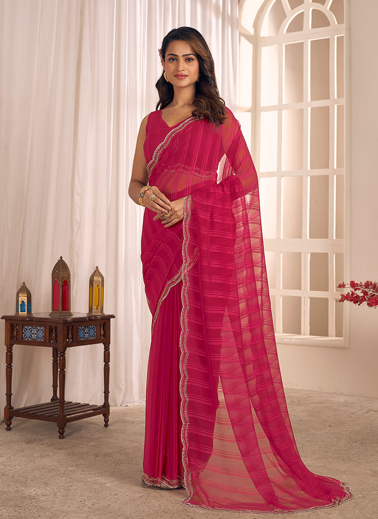 Rani Pink Designer Embroidery Georgette Saree