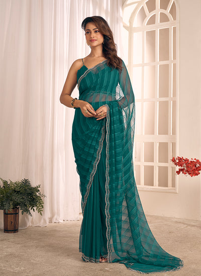 Teal Green Designer Embroidery Georgette Saree