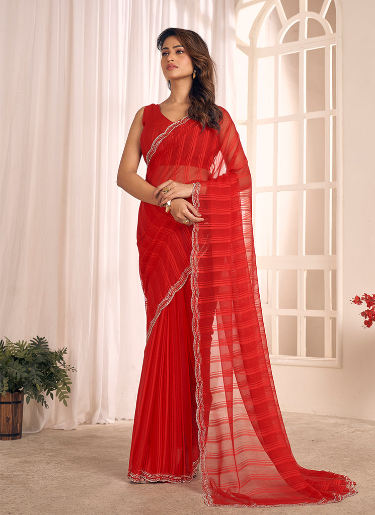 Red Designer Embroidery Georgette Saree