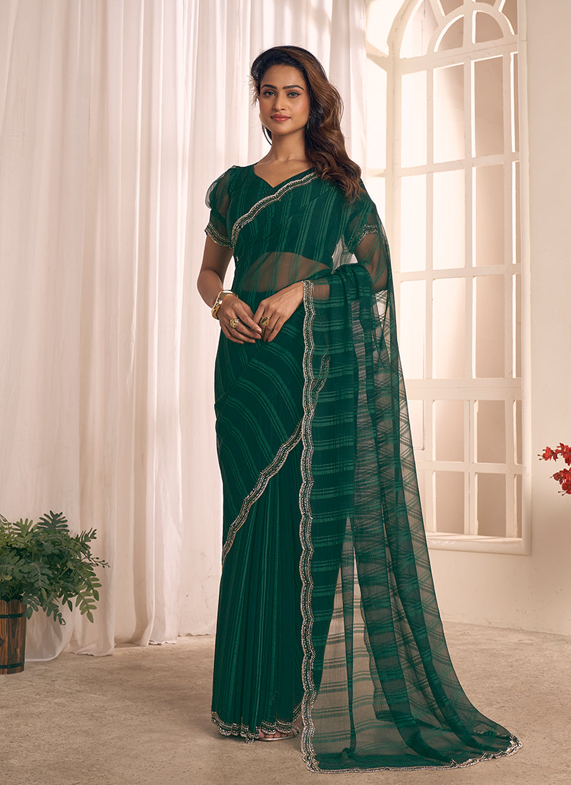 Bottle Green Designer Embroidery Georgette Saree