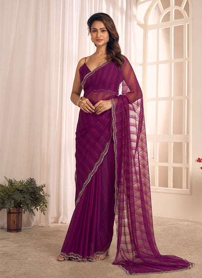 Wine Designer Embroidery Georgette Saree