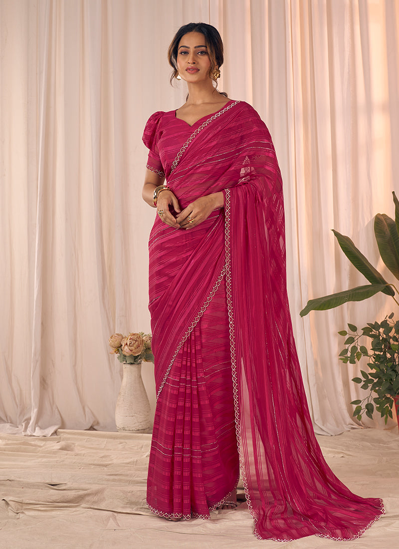 Magenta Embroidered Georgette Saree