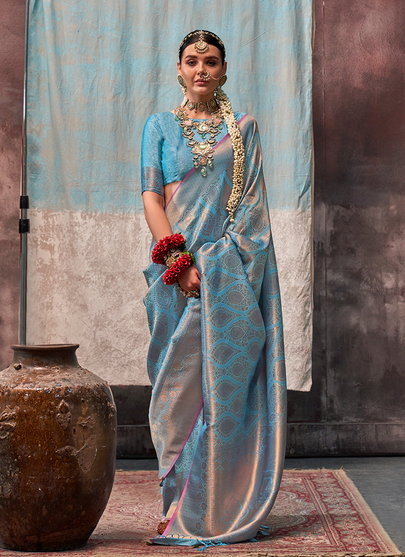 Sky Blue Handloom Weaving Silk Saree