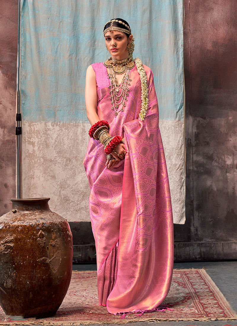 Salmon Pink Handloom Weaving Silk Saree