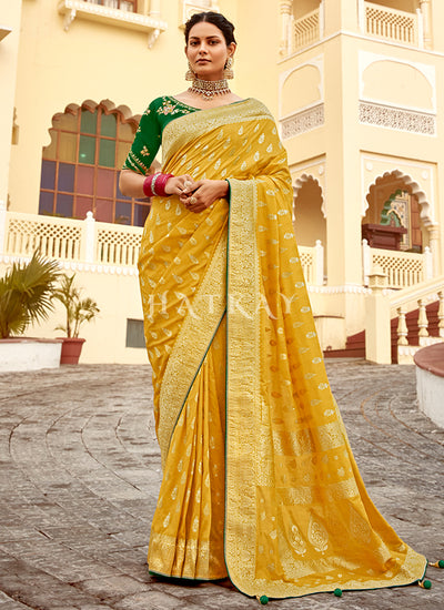 Yellow And Green Embroidered Wedding Silk Saree