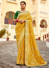 Yellow And Green Embroidered Wedding Silk Saree