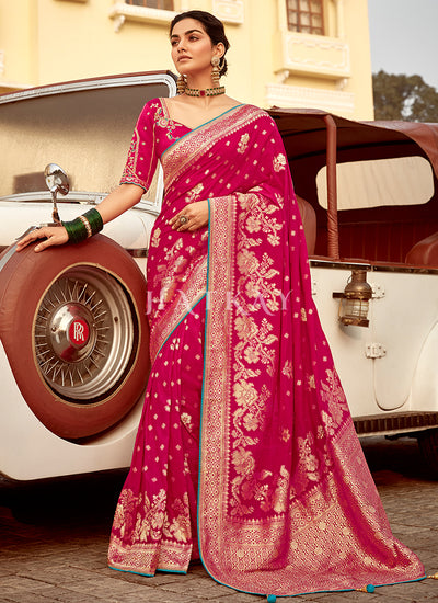 Magenta Pink Embroidered Wedding Silk Saree