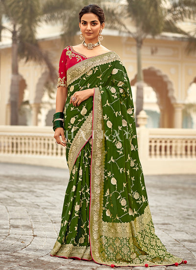 Green And Red Embroidered Wedding Silk Saree