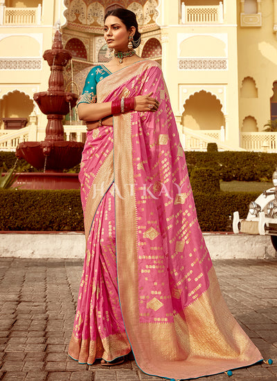 Pink And Teal Embroidered Wedding Silk Saree