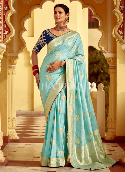 Sky Blue Embroidered Wedding Silk Saree