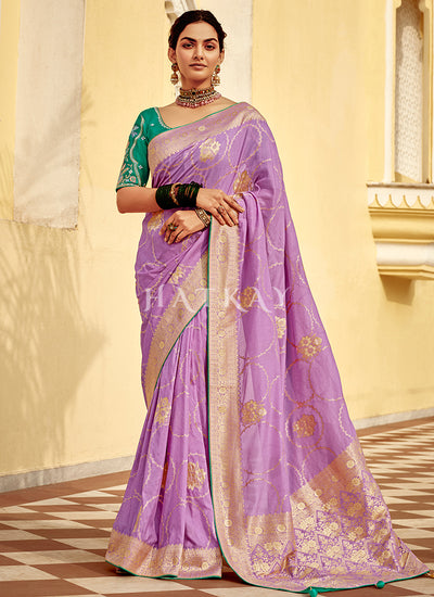 Purple And Green Embroidered Wedding Silk Saree
