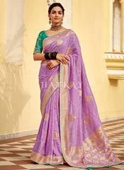 Purple And Green Embroidered Wedding Silk Saree