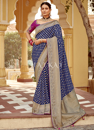 Blue And Purple Embroidered Wedding Silk Saree