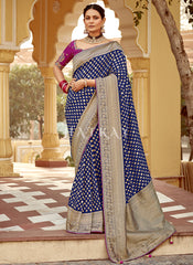 Blue And Purple Embroidered Wedding Silk Saree