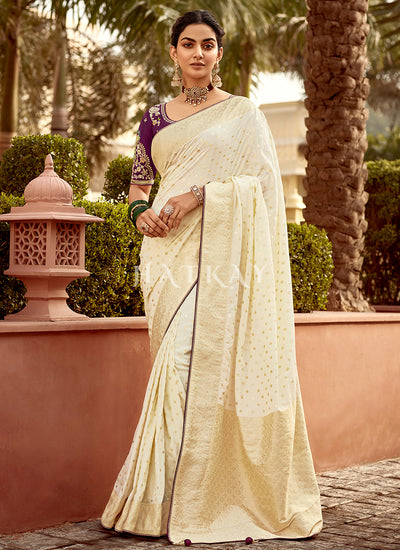 Off White And Purple Embroidered Wedding Silk Saree