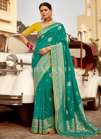 Turquoise And Yellow Embroidered Wedding Silk Saree