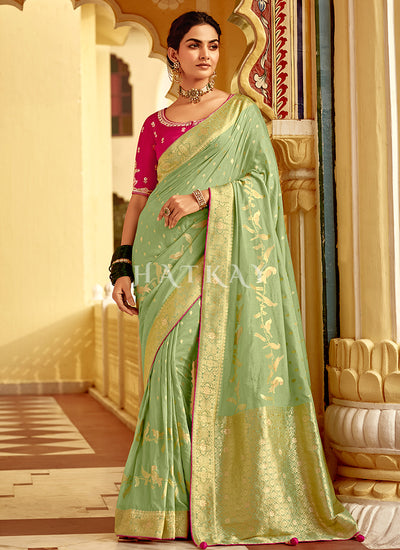 Light Green And Magenta Embroidered Wedding Silk Saree