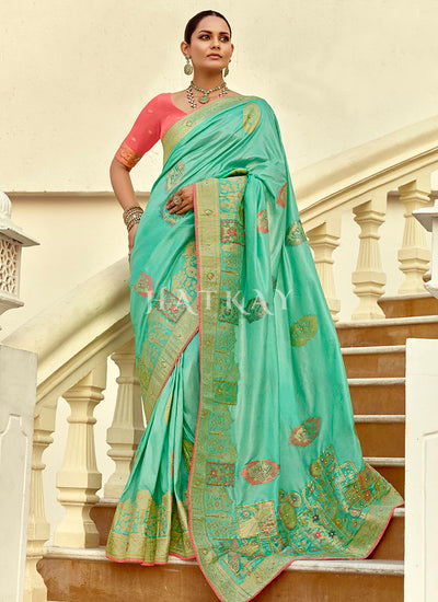 Sea Green And Peach Embroidered Silk Saree
