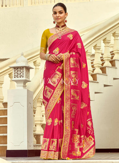 Magenta And Yellow Embroidered Silk Saree