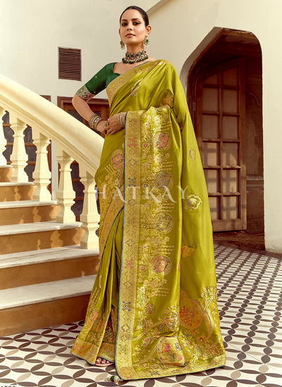 Lime And Green Embroidered Silk Saree