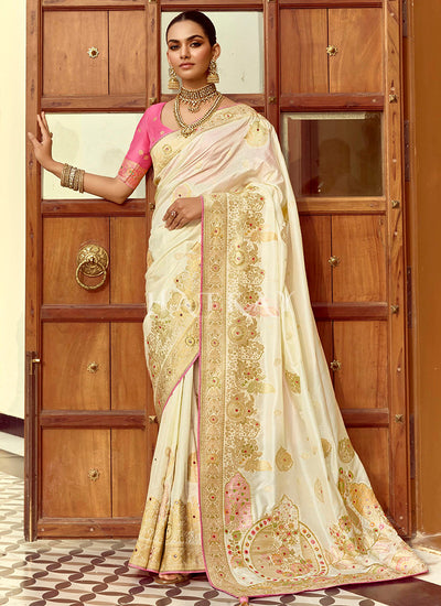 Cream And Pink Embroidered Silk Saree