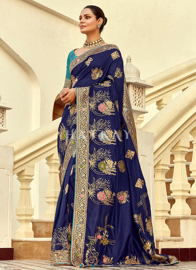 Dark Blue And Turquoise Embroidered Silk Saree