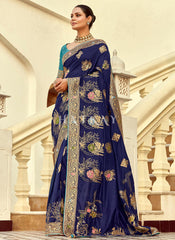 Dark Blue And Turquoise Embroidered Silk Saree