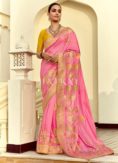 Pink And Yellow Embroidered Silk Saree