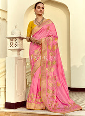 Pink And Yellow Embroidered Silk Saree