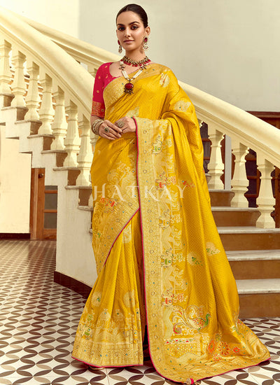 Yellow And Red Embroidered Silk Saree
