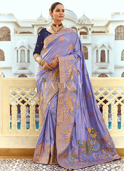Purple And Blue Embroidered Silk Saree