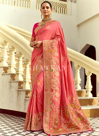 Peach And Pink Embroidered Silk Saree