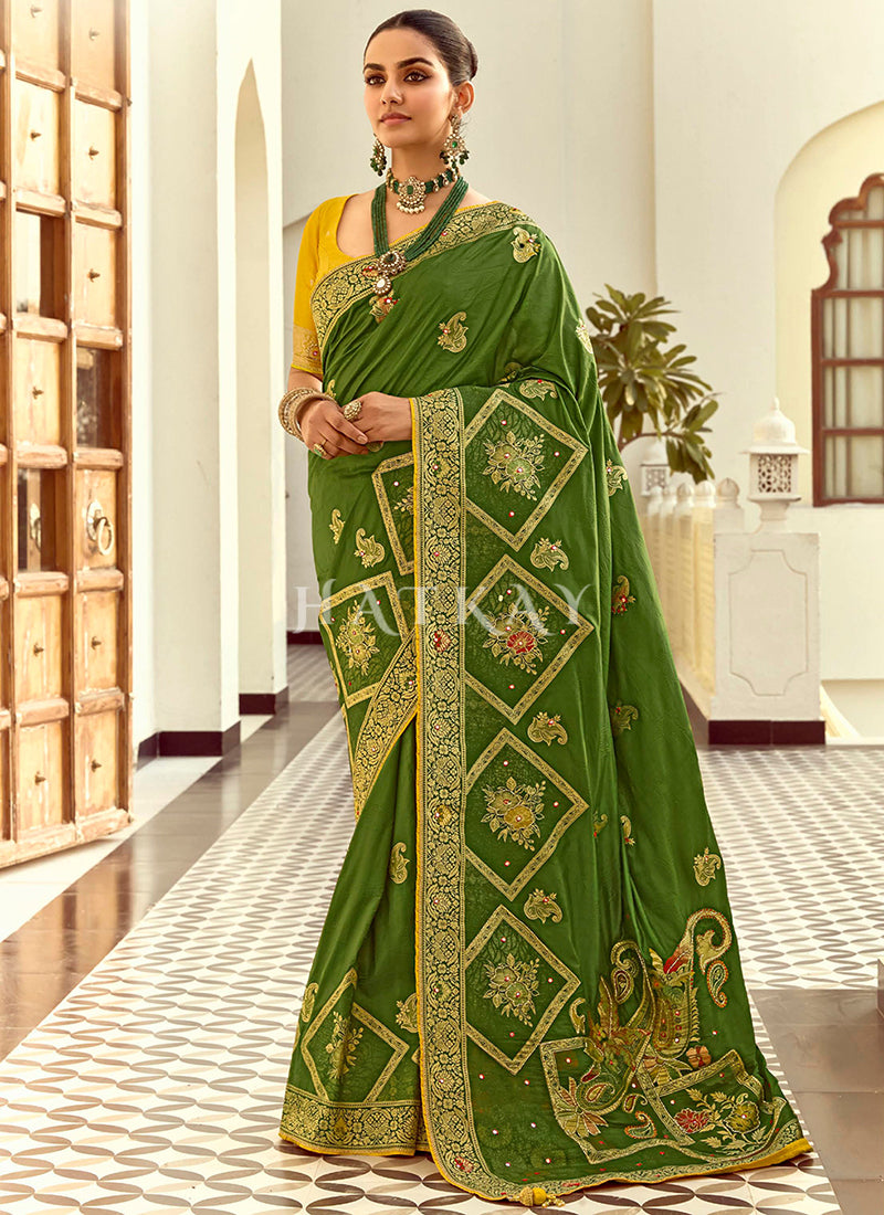 Green And Yellow Embroidered Silk Saree