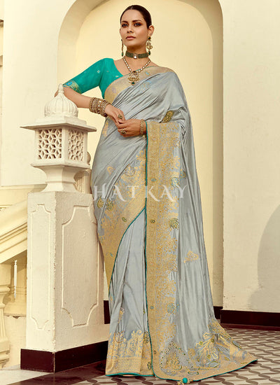 Grey And Turquoise Embroidered Silk Saree