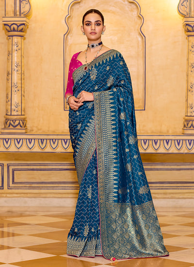 Royal Blue and Magenta Traditional Silk Saree