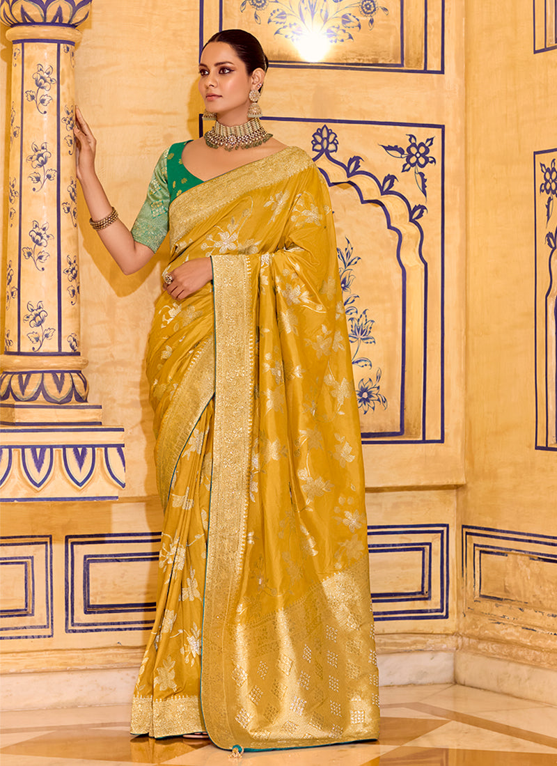 Yellow and Green Traditional Silk Saree