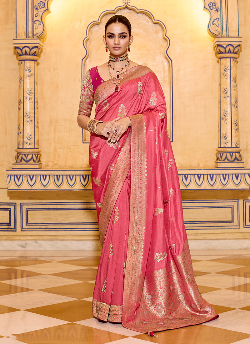 Peach and Pink Traditional Silk Saree