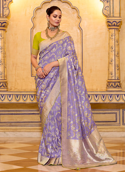 Lavender and Lime Green Traditional Silk Saree