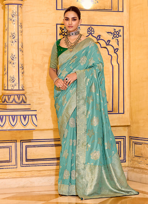Teal and Green Traditional Silk Saree
