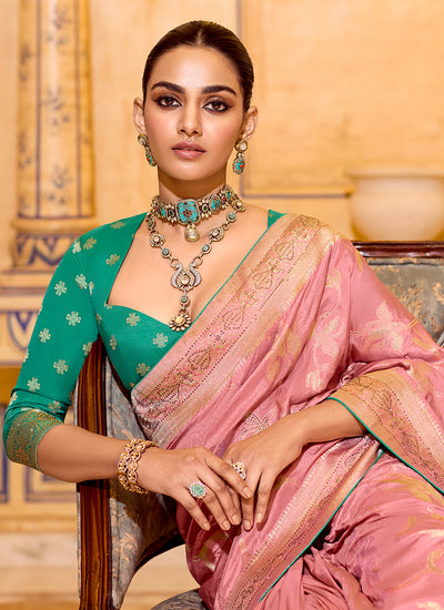 Pink and Turquoise Traditional Silk Saree