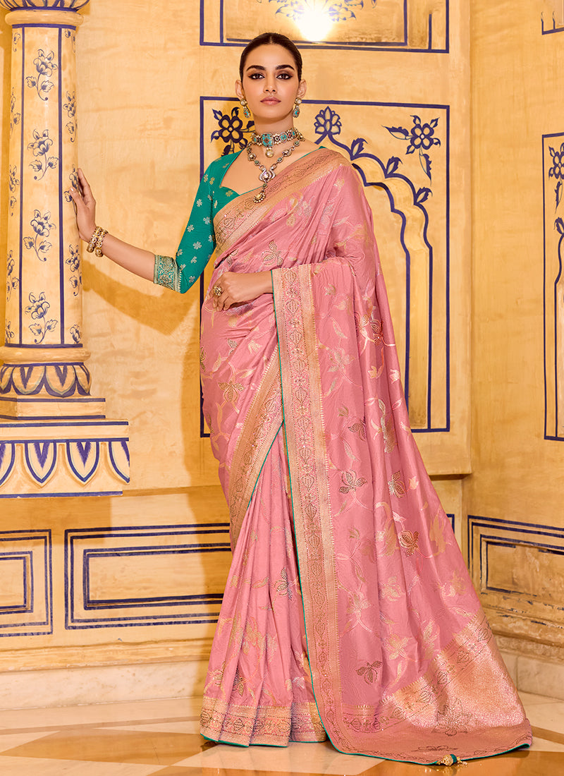Pink and Turquoise Traditional Silk Saree