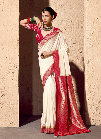 Off White and Red Traditional Printed Saree