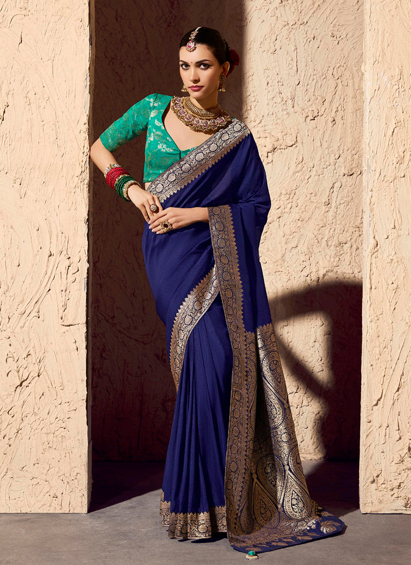 Blue and Green Traditional Printed Saree