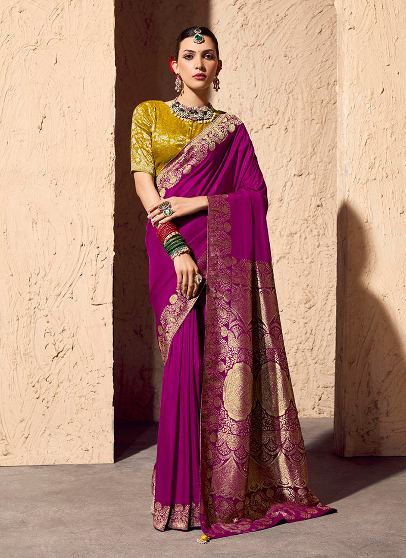 Purple and Mustard Traditional Printed Saree